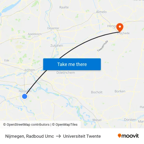 Nijmegen, Radboud Umc to Universiteit Twente map
