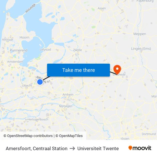 Amersfoort, Centraal Station to Universiteit Twente map