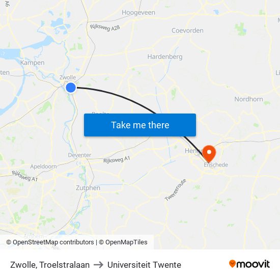 Zwolle, Troelstralaan to Universiteit Twente map