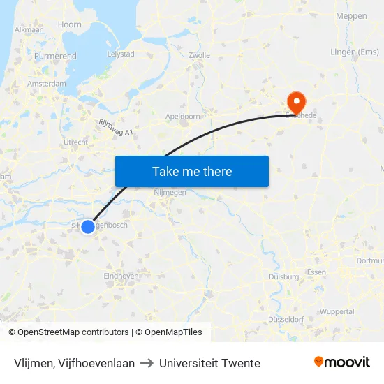 Vlijmen, Vijfhoevenlaan to Universiteit Twente map