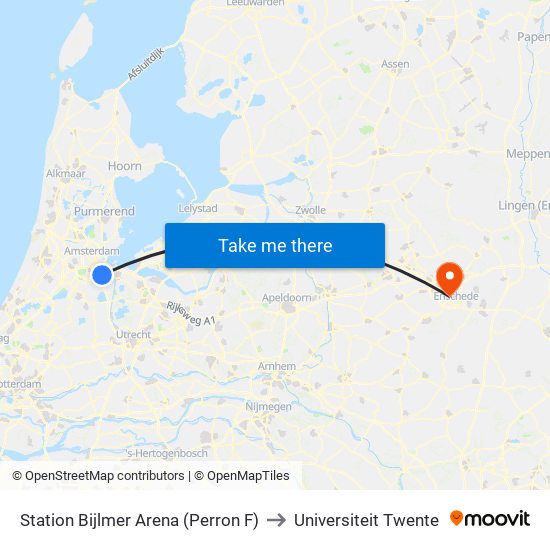 Station Bijlmer Arena (Perron F) to Universiteit Twente map