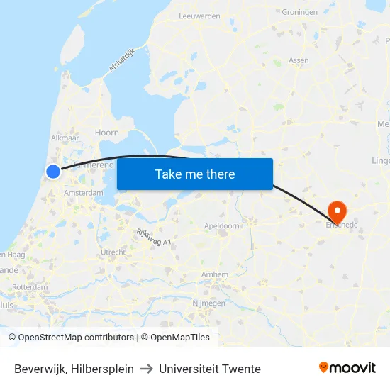 Beverwijk, Hilbersplein to Universiteit Twente map