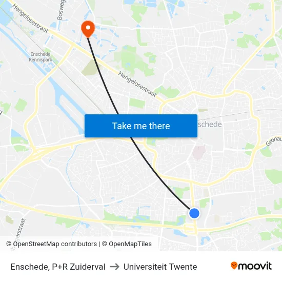 Enschede, P+R Zuiderval to Universiteit Twente map