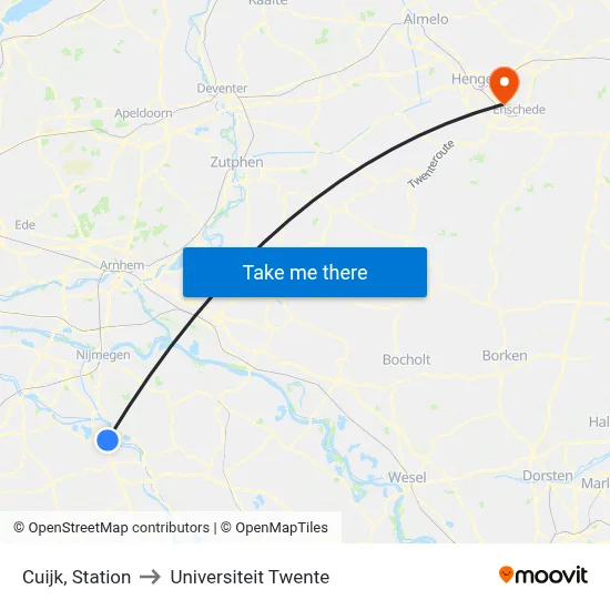 Cuijk, Station to Universiteit Twente map