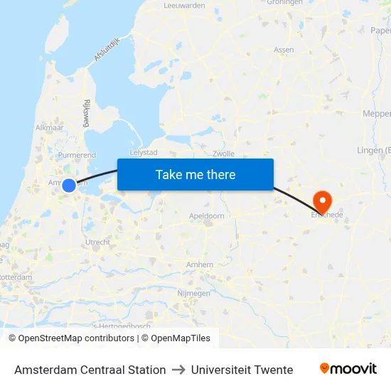 Amsterdam Centraal Station to Universiteit Twente map