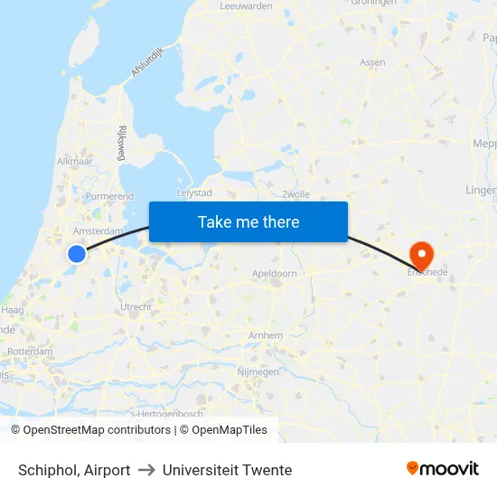Schiphol, Airport to Universiteit Twente map