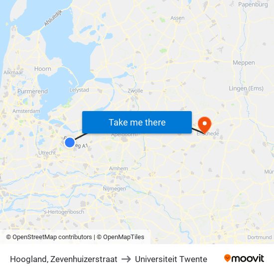 Hoogland, Zevenhuizerstraat to Universiteit Twente map