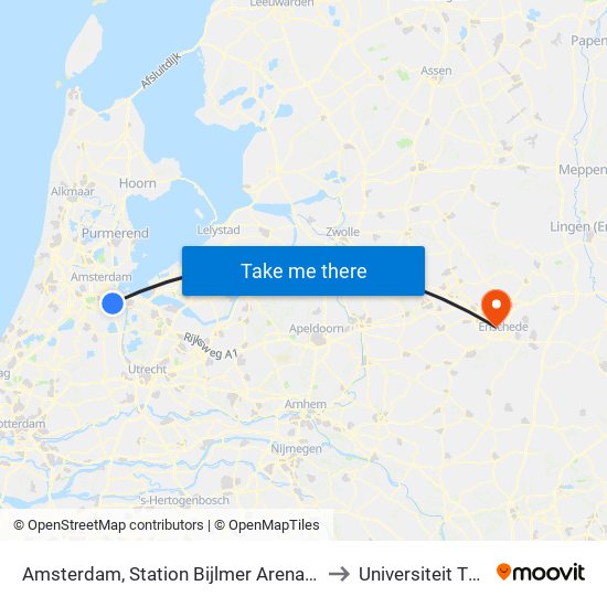 Amsterdam, Station Bijlmer Arena (Perron J) to Universiteit Twente map