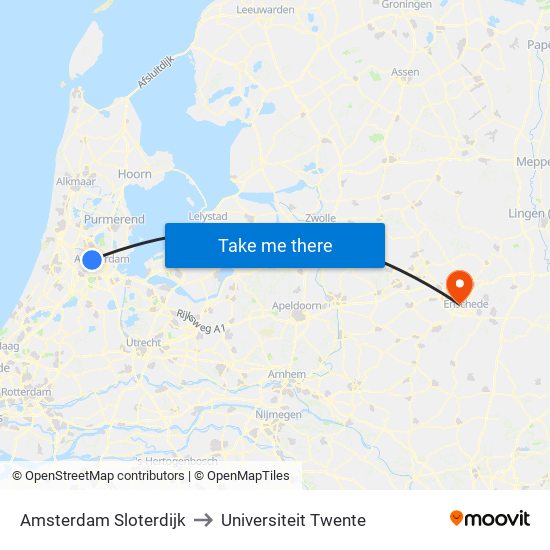Amsterdam Sloterdijk to Universiteit Twente map