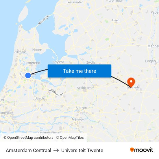 Amsterdam Centraal to Universiteit Twente map