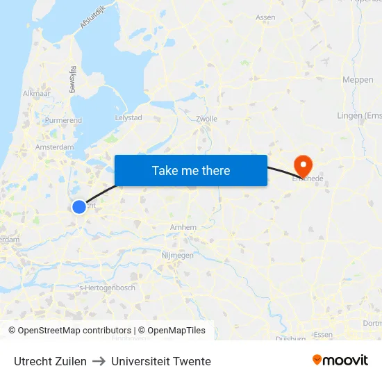 Utrecht Zuilen to Universiteit Twente map