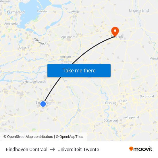 Eindhoven Centraal to Universiteit Twente map