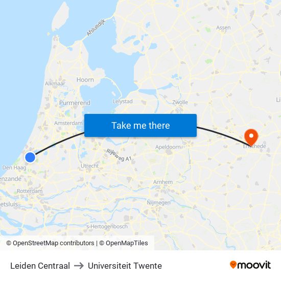 Leiden Centraal to Universiteit Twente map