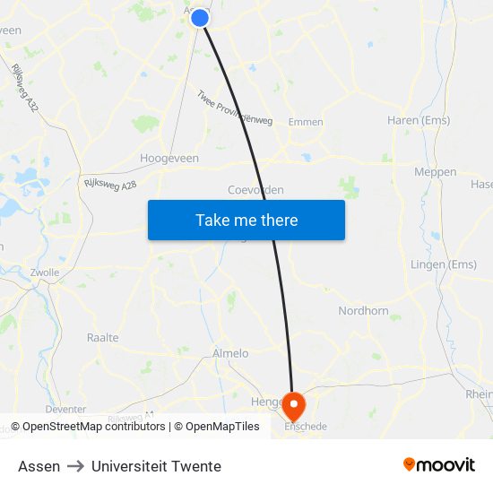 Assen to Universiteit Twente map