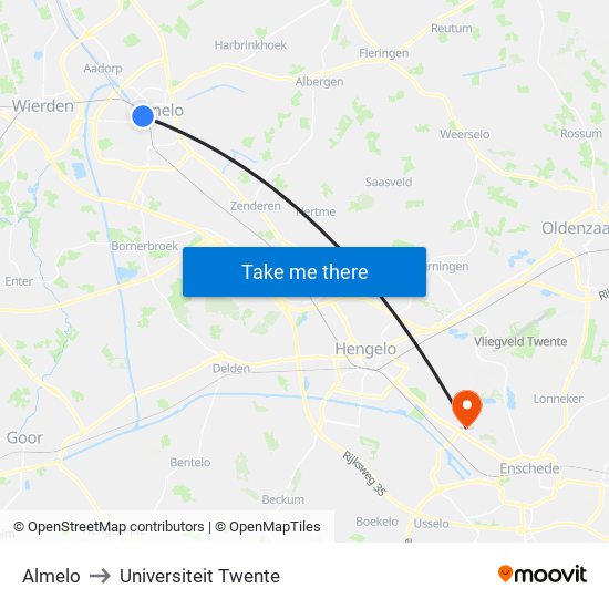 Almelo to Universiteit Twente map