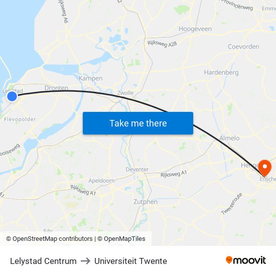 Lelystad Centrum to Universiteit Twente map