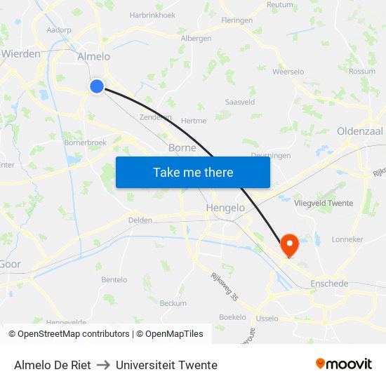 Almelo De Riet to Universiteit Twente map