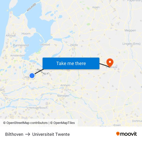 Bilthoven to Universiteit Twente map