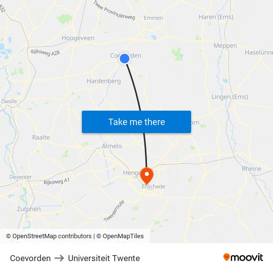 Coevorden to Universiteit Twente map