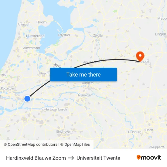Hardinxveld Blauwe Zoom to Universiteit Twente map