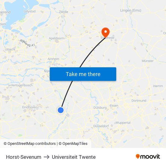 Horst-Sevenum to Universiteit Twente map