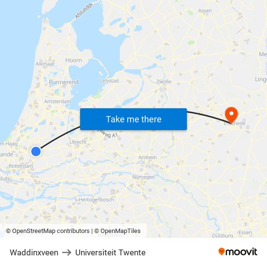 Waddinxveen to Universiteit Twente map