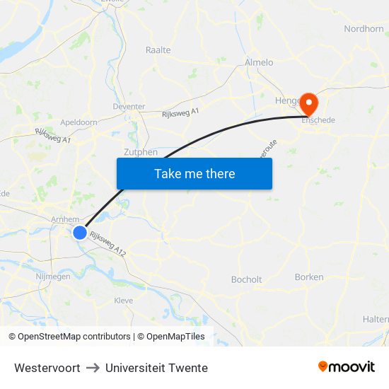 Westervoort to Universiteit Twente map