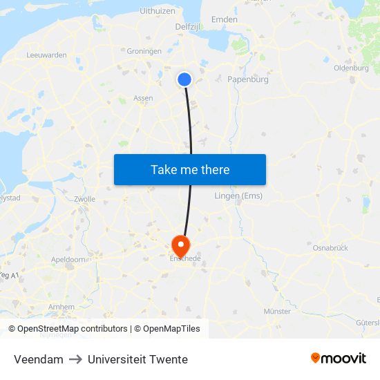 Veendam to Universiteit Twente map