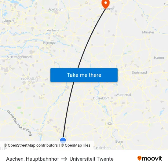 Aachen, Hauptbahnhof to Universiteit Twente map
