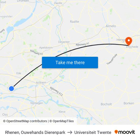 Rhenen, Ouwehands Dierenpark to Universiteit Twente map