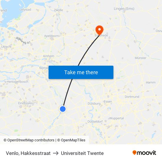 Venlo, Hakkesstraat to Universiteit Twente map