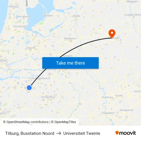 Tilburg, Busstation Noord to Universiteit Twente map