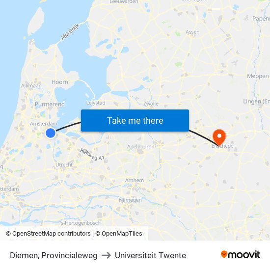 Diemen, Provincialeweg to Universiteit Twente map