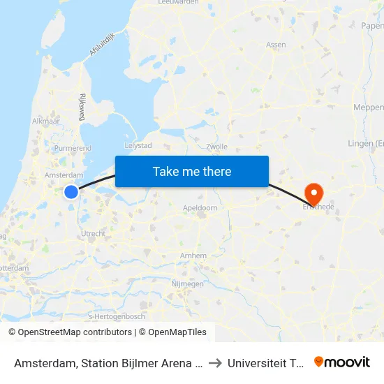 Amsterdam, Station Bijlmer Arena (Perron B) to Universiteit Twente map