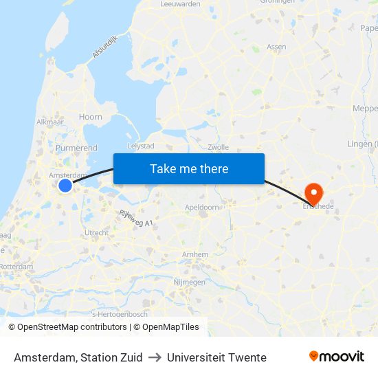 Amsterdam, Station Zuid to Universiteit Twente map