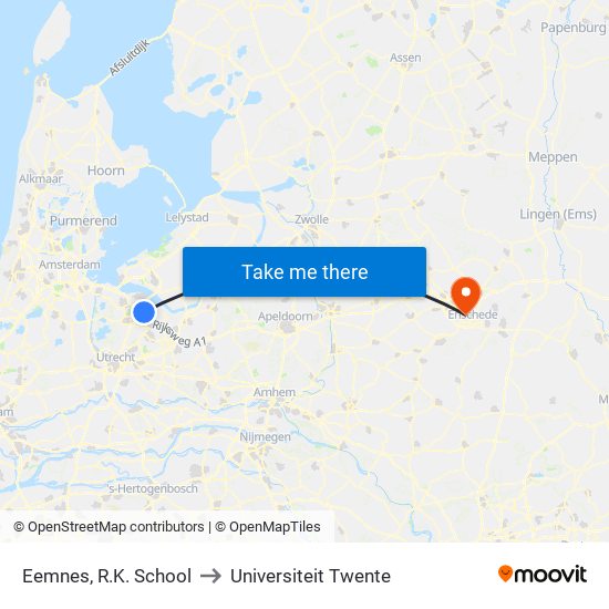 Eemnes, R.K. School to Universiteit Twente map