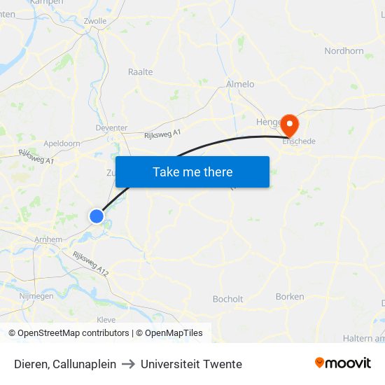 Dieren, Callunaplein to Universiteit Twente map