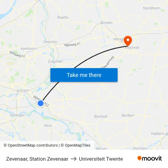 Zevenaar, Station Zevenaar to Universiteit Twente map