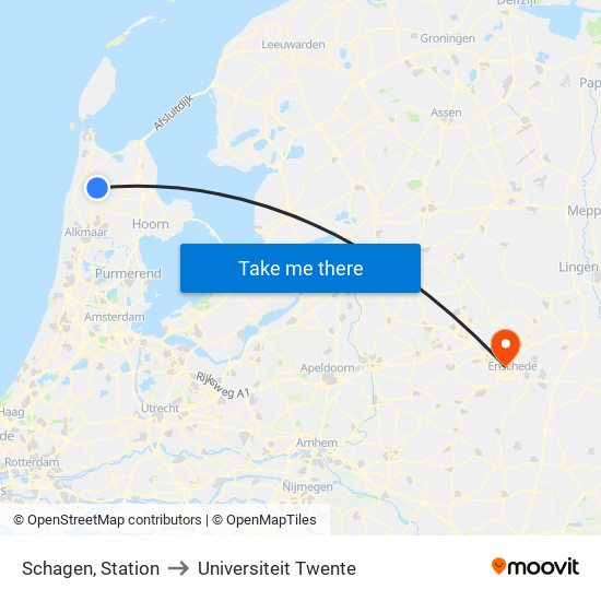 Schagen, Station to Universiteit Twente map