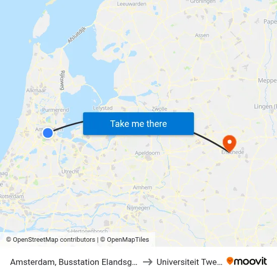 Amsterdam, Busstation Elandsgracht to Universiteit Twente map