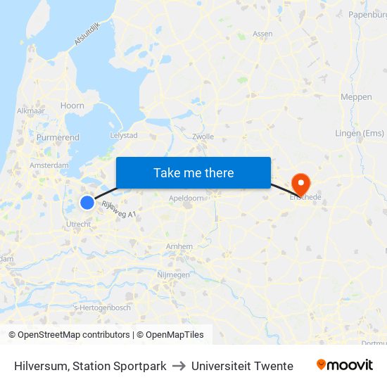 Hilversum, Station Sportpark to Universiteit Twente map