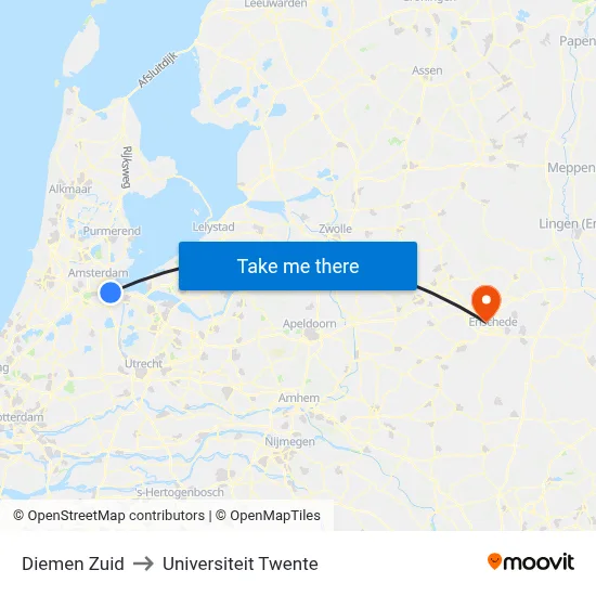 Diemen Zuid to Universiteit Twente map