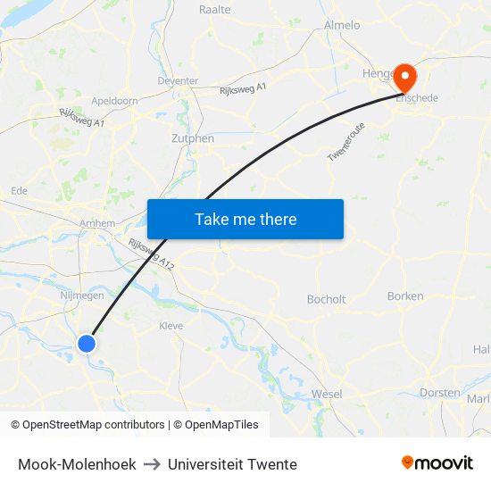 Mook-Molenhoek to Universiteit Twente map