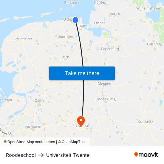 Roodeschool to Universiteit Twente map