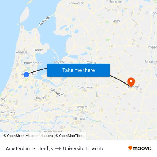 Amsterdam Sloterdijk to Universiteit Twente map