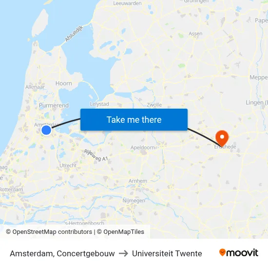 Amsterdam, Concertgebouw to Universiteit Twente map