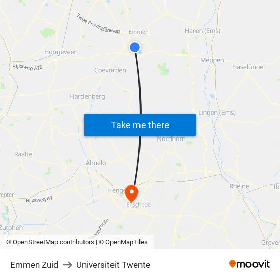 Emmen Zuid to Universiteit Twente map