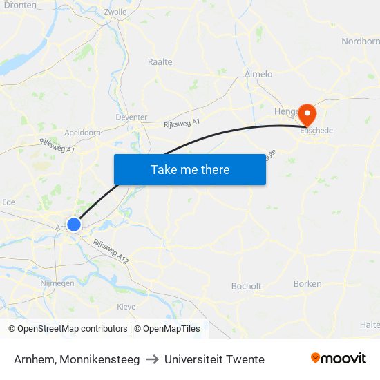 Arnhem, Monnikensteeg to Universiteit Twente map