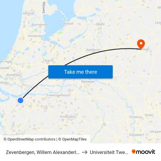 Zevenbergen, Willem Alexanderlaan to Universiteit Twente map