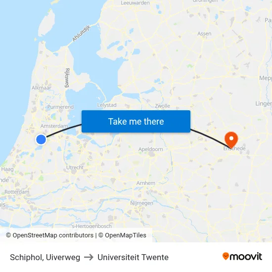 Schiphol, Uiverweg to Universiteit Twente map